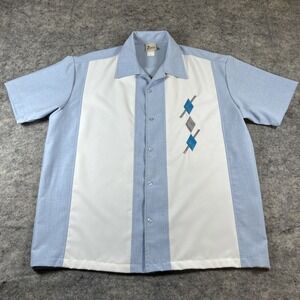 Lucky Paradise Bowling Shirt Men's L Blue Embroidered Retro Charlie Sheen‎ USA